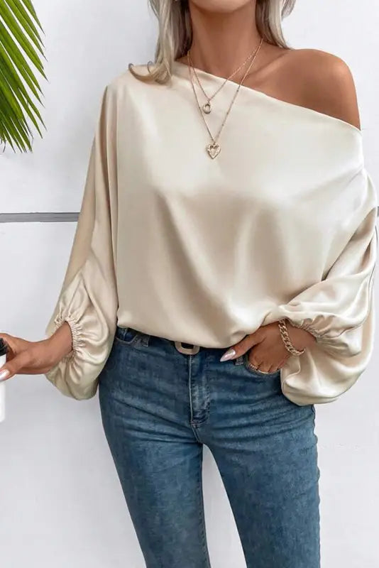 Apricot asymmetrical neck balloon sleeve satin blouse - blouses & shirts