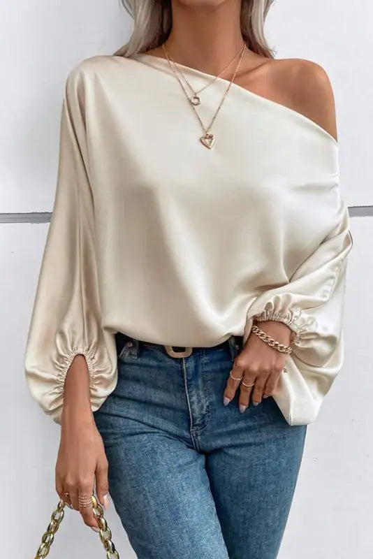 Apricot asymmetrical neck balloon sleeve satin blouse - blouses & shirts