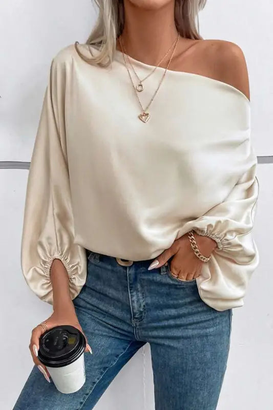 Apricot asymmetrical neck balloon sleeve satin blouse - l / 95% polyester + 5% elastane - blouses & shirts