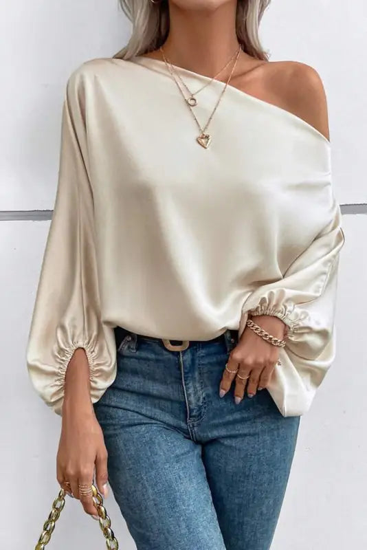 Apricot asymmetrical neck balloon sleeve satin blouse - blouses & shirts