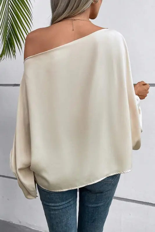 Apricot asymmetrical neck balloon sleeve satin blouse - blouses & shirts