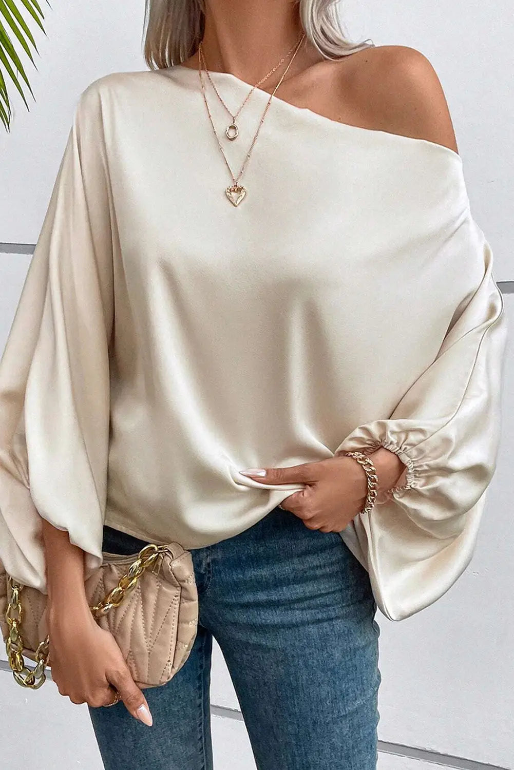 Apricot asymmetrical neck balloon sleeve satin blouse - tops