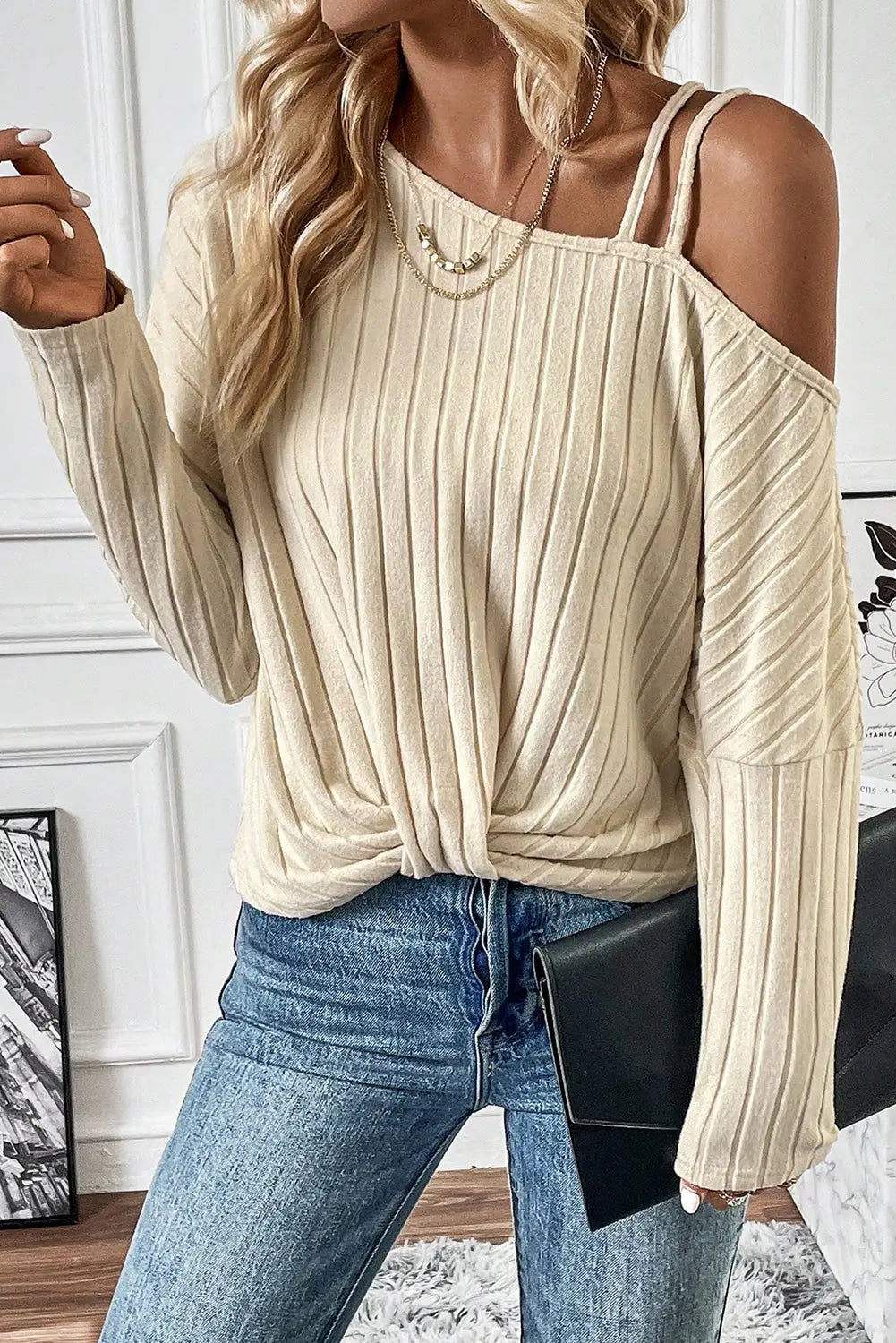 Apricot asymmetrical neck cold shoulder twisted knit ribbed top - l / 95% polyester + 5% elastane - long sleeve tops