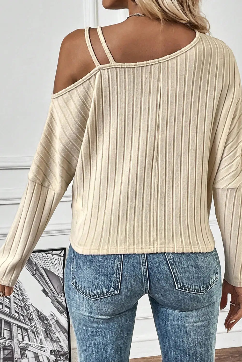 Apricot asymmetrical neck cold shoulder twisted knit ribbed top - long sleeve tops