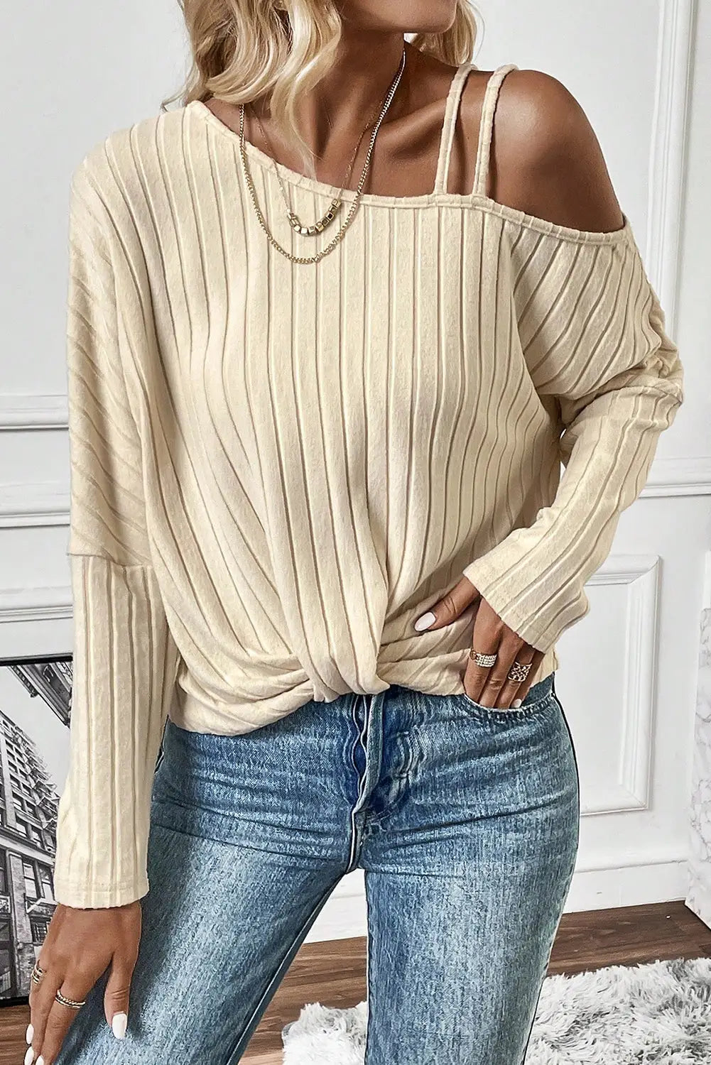 Apricot asymmetrical neck cold shoulder twisted knit ribbed