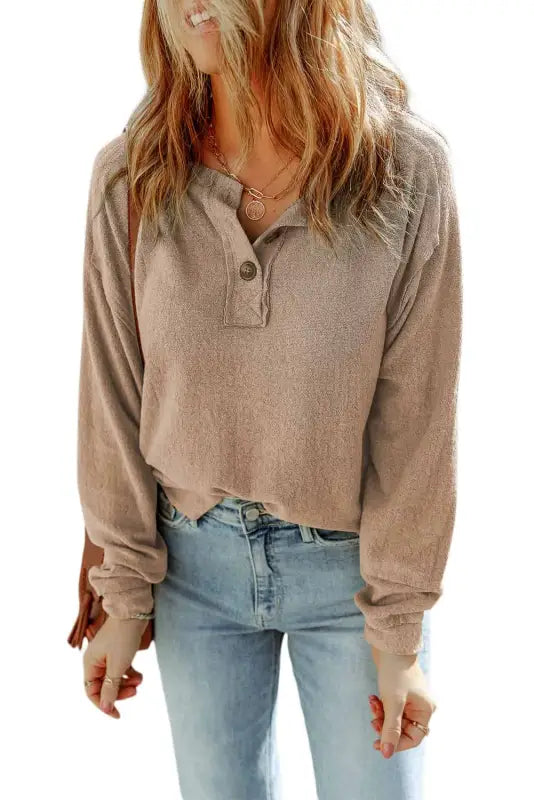 Apricot button split neck retro patchwork long sleeve top - tops