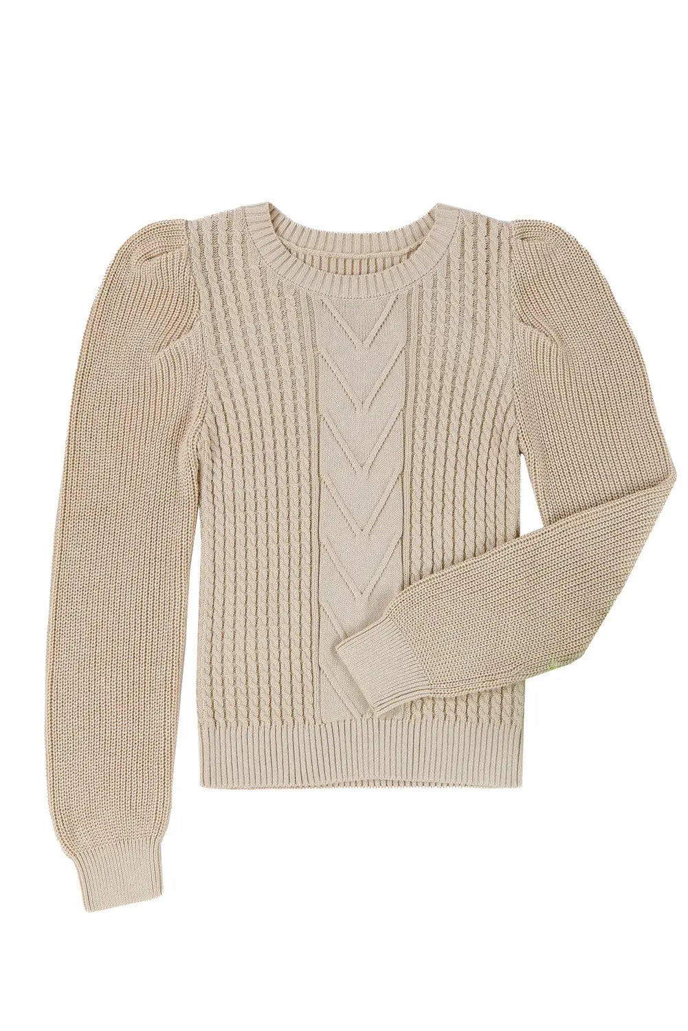 Apricot cable ribbed knit mix pattern puff sleeve sweater -