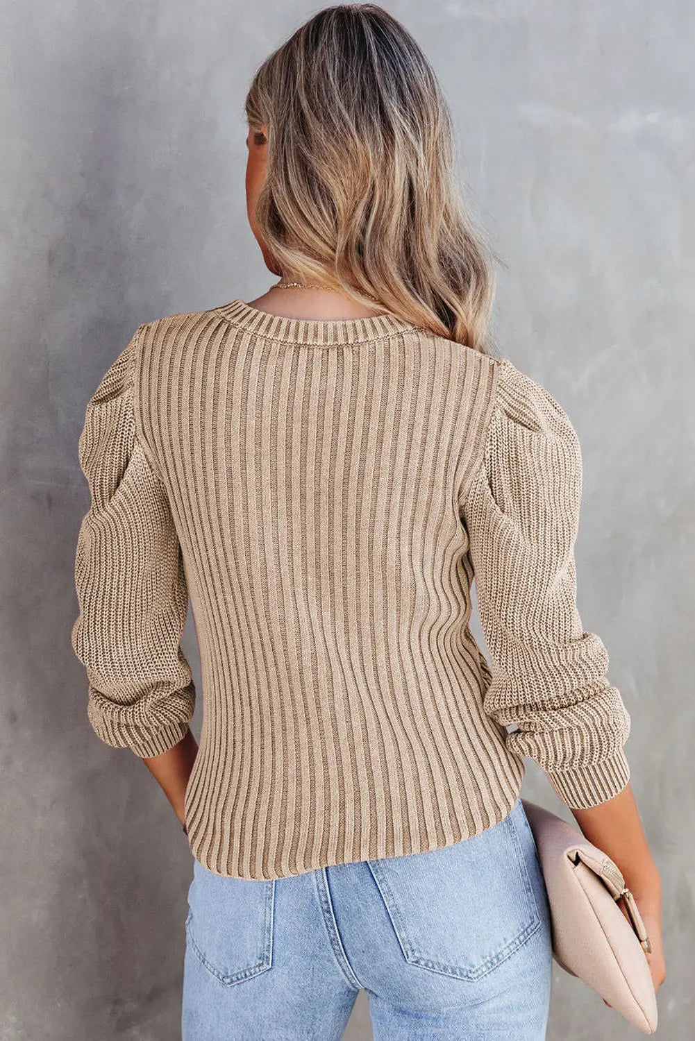 Apricot cable ribbed knit mix pattern puff sleeve sweater -