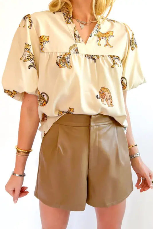 Apricot cheetah printed split neck puff sleeve blouse - s / 100% polyester - blouses & shirts