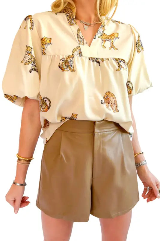 Apricot cheetah printed split neck puff sleeve blouse - blouses & shirts