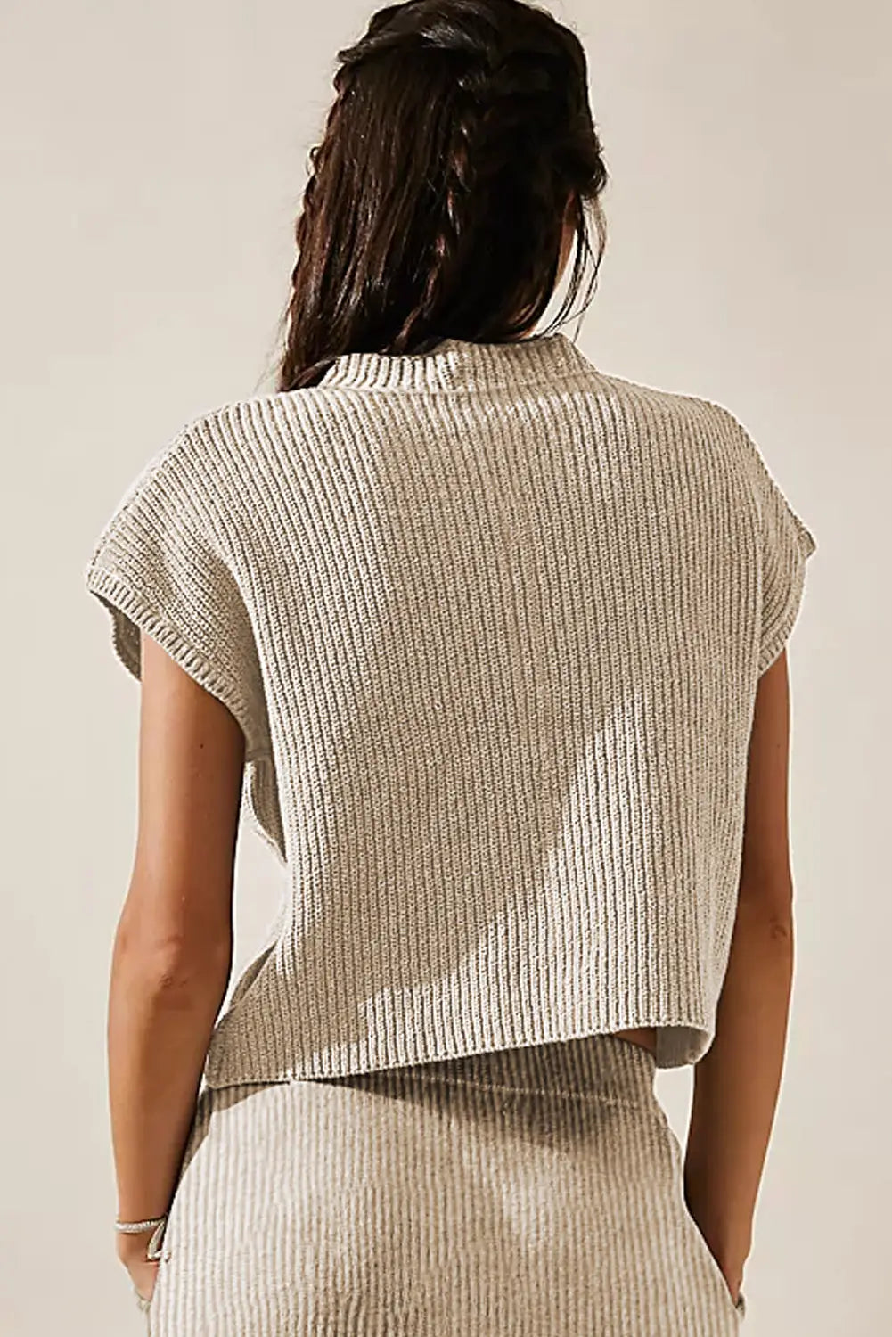 Apricot chest pocket v neck ribbed cap sleeve sweater - tops