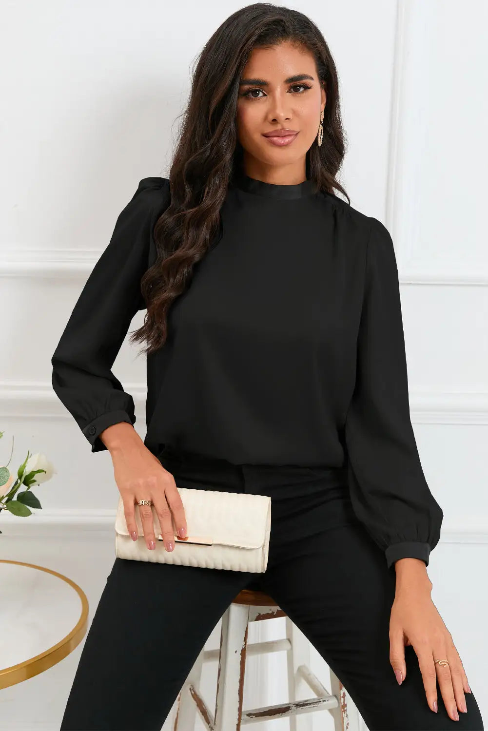 Apricot color block bow back mock neck blouse - black / s / 90% polyester + 10% elastane - blouses & shirts