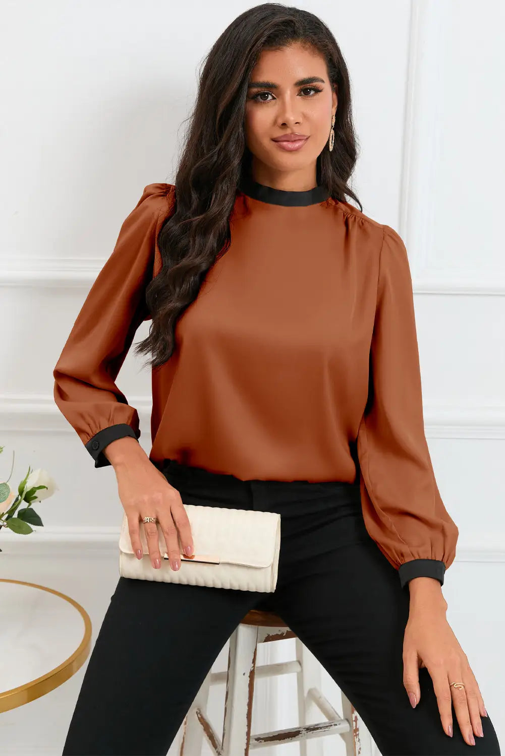 Apricot color block bow back mock neck blouse - brown / s /