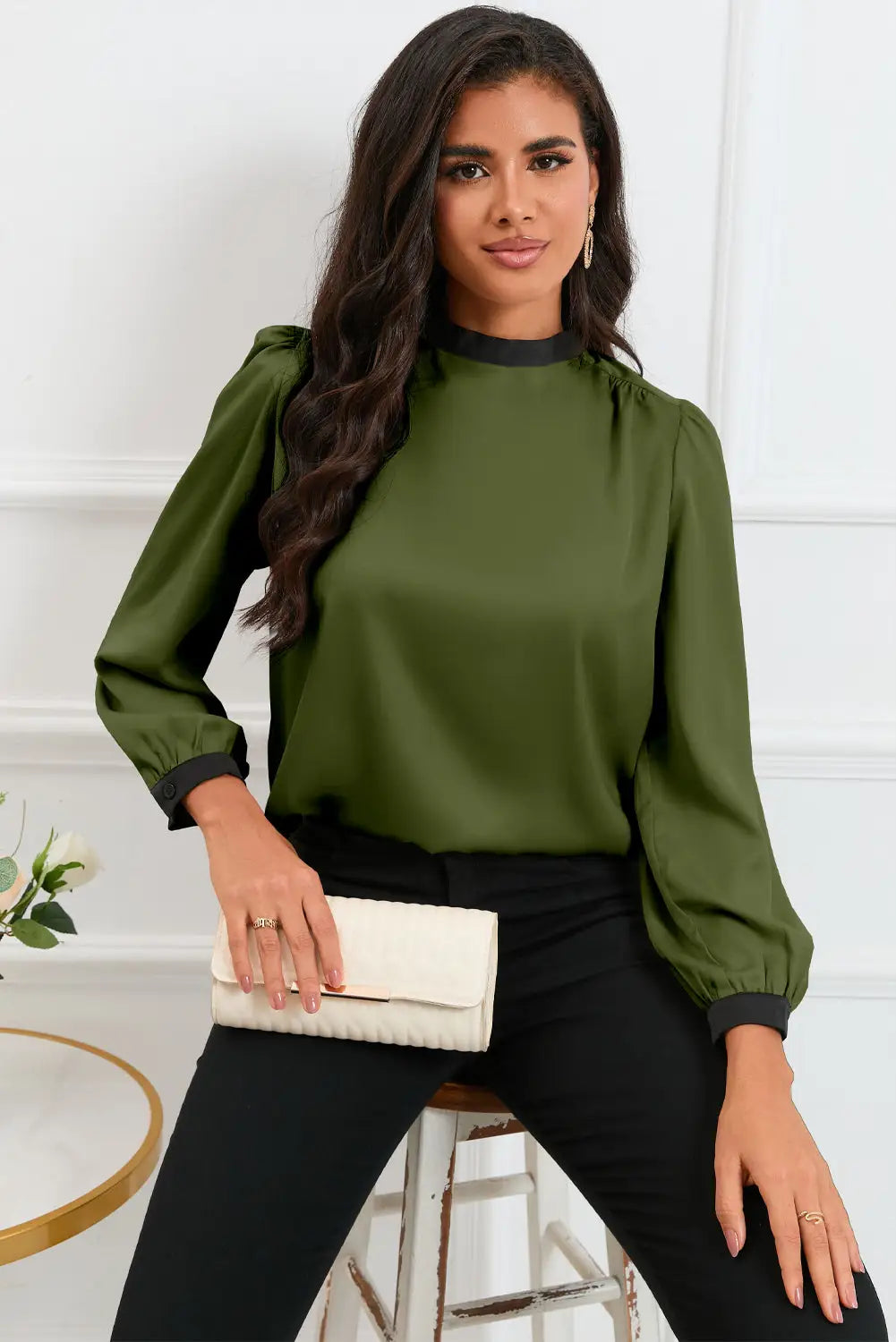 Apricot color block bow back mock neck blouse - green / s /