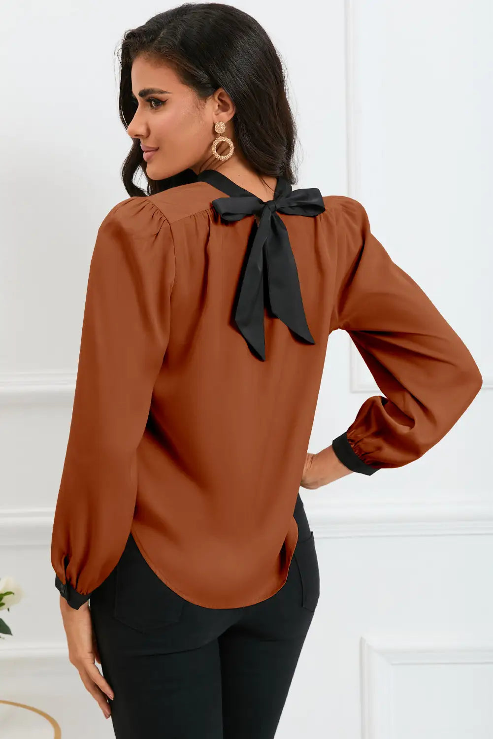 Apricot color block bow back mock neck blouse - blouses & shirts