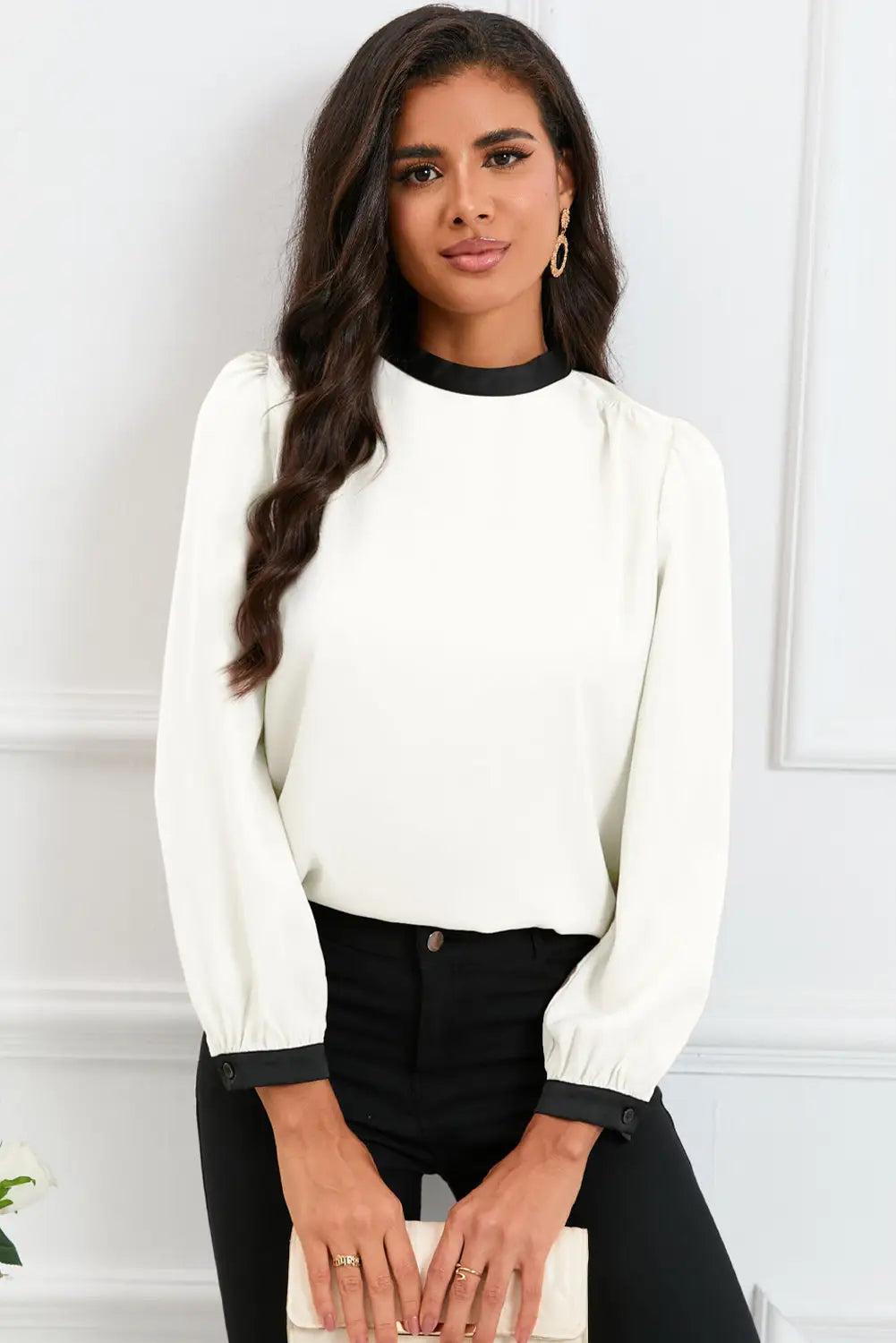 Apricot color block bow back mock neck blouse - white / s / 90% polyester + 10% elastane - blouses & shirts
