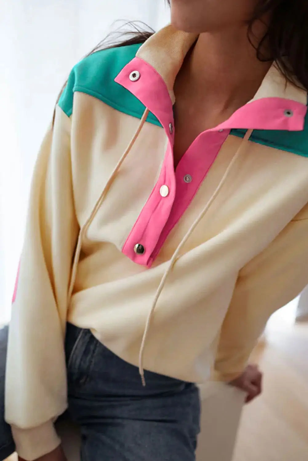 Apricot color block elbow patch half button sweatshirt - s / 50% polyester + 50% cotton - sweatshirts & hoodies