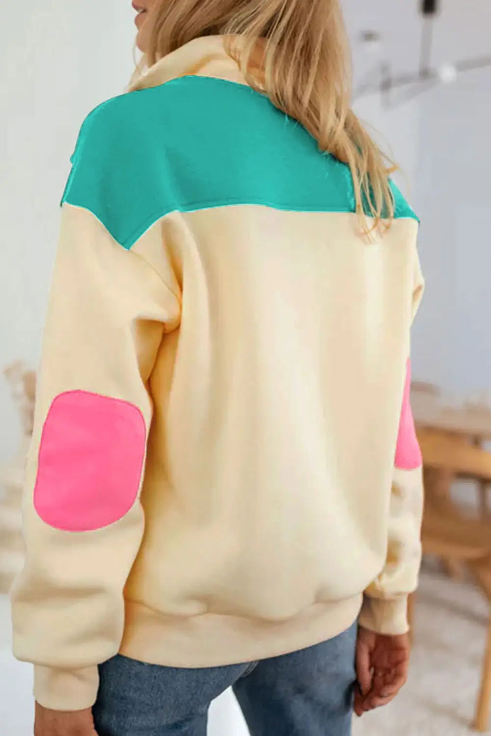 Apricot color block elbow patch half button sweatshirt - sweatshirts & hoodies