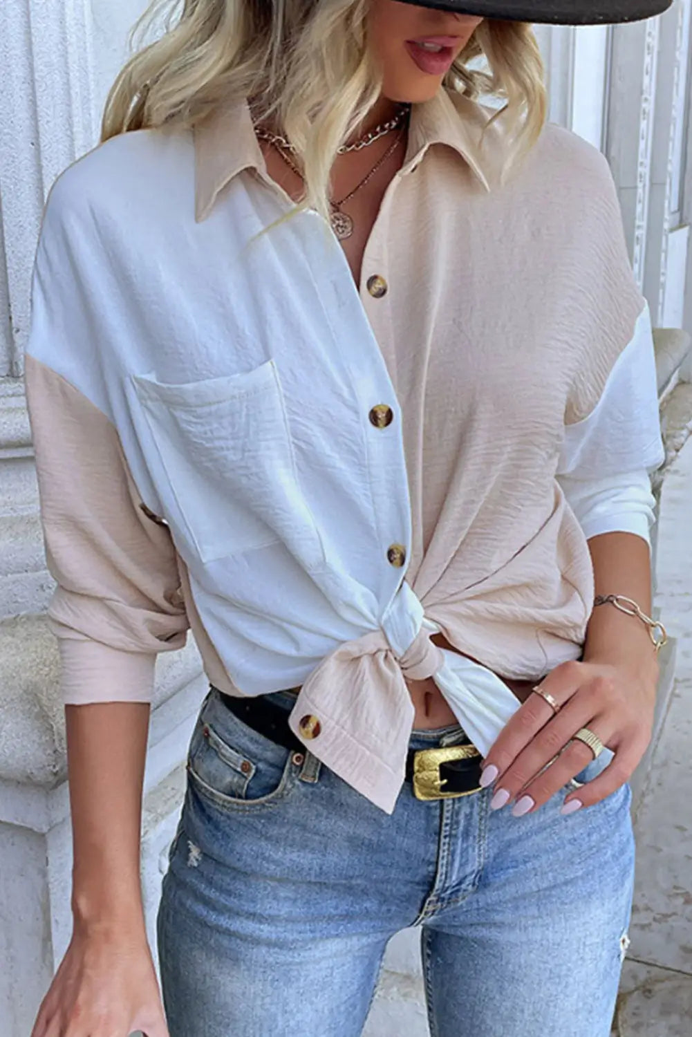 Apricot color block long sleeve crinkle shirt - tops