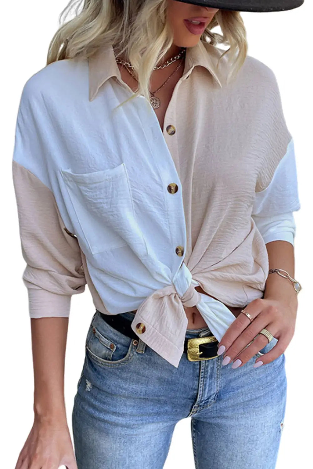Apricot color block long sleeve crinkle shirt - tops