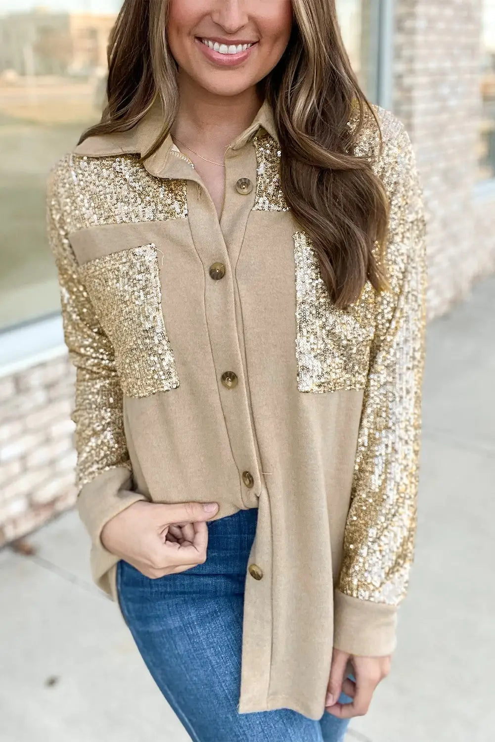 Apricot contrast sequin patchwork knit shacket - s /