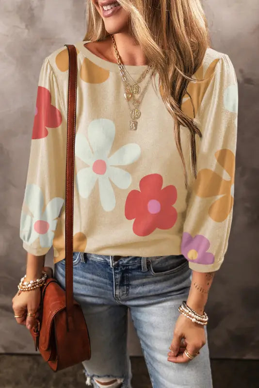 Apricot cute flower print bracelet sleeve top - s / 95% polyester + 5% elastane - long tops