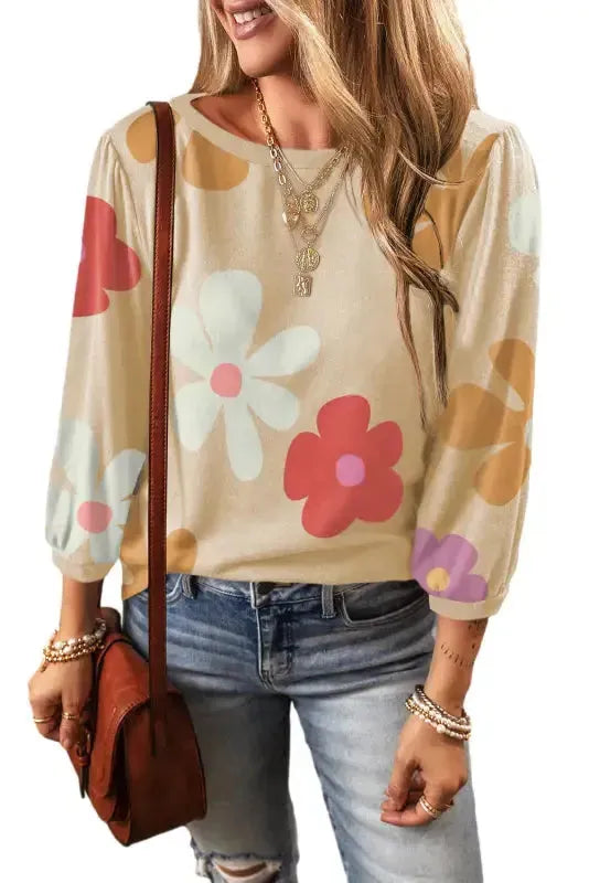 Apricot Cute Flower Print Bracelet Sleeve Top - Fashionfitz
