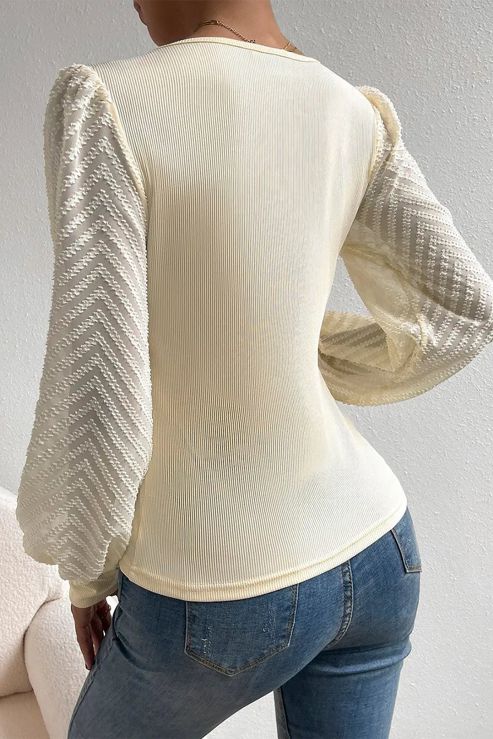 Apricot delicate textured mesh sleeve ribbed knit blouse -