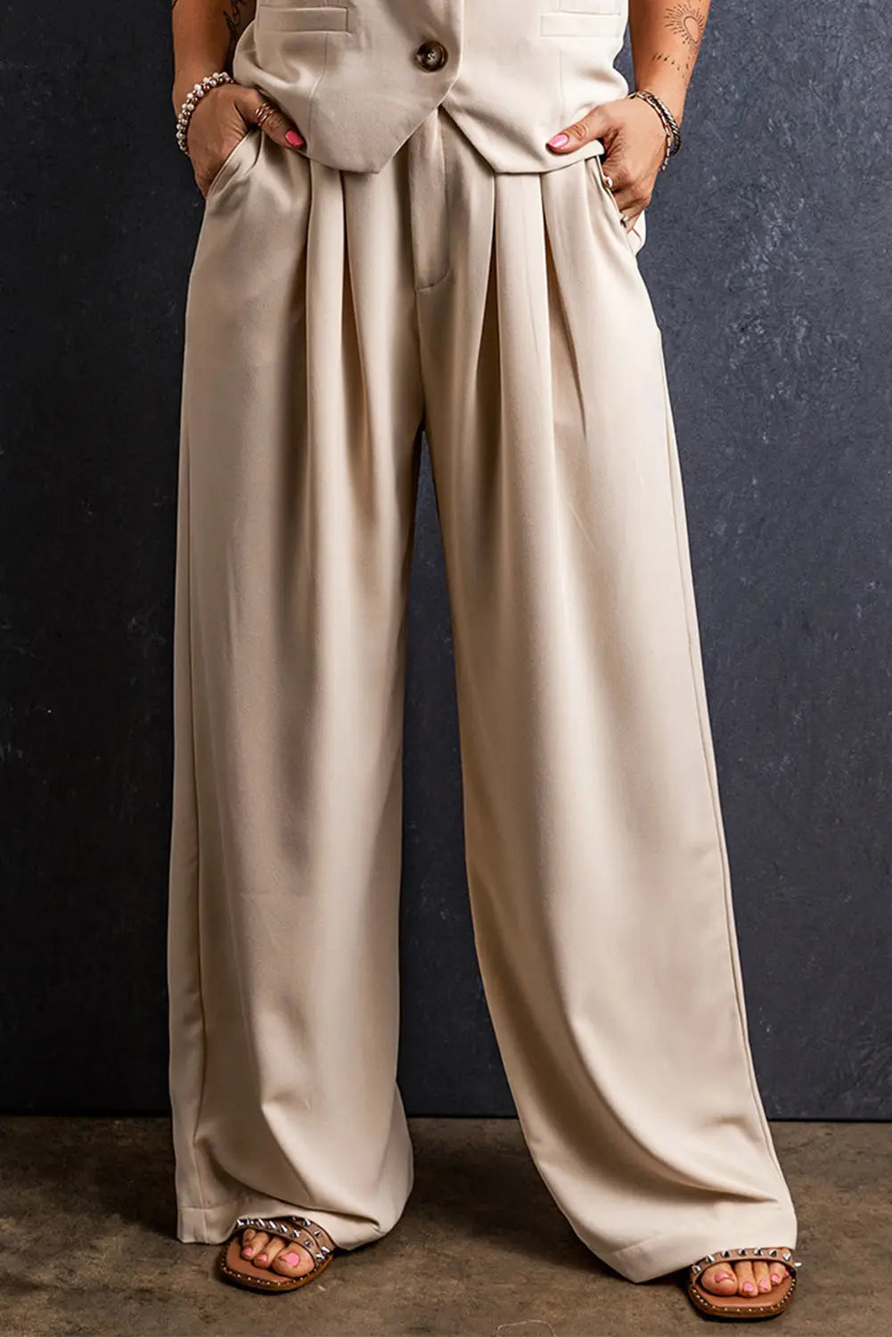 Apricot elastic waist pleated wide leg pants - s / 100% polyester - smart trousers