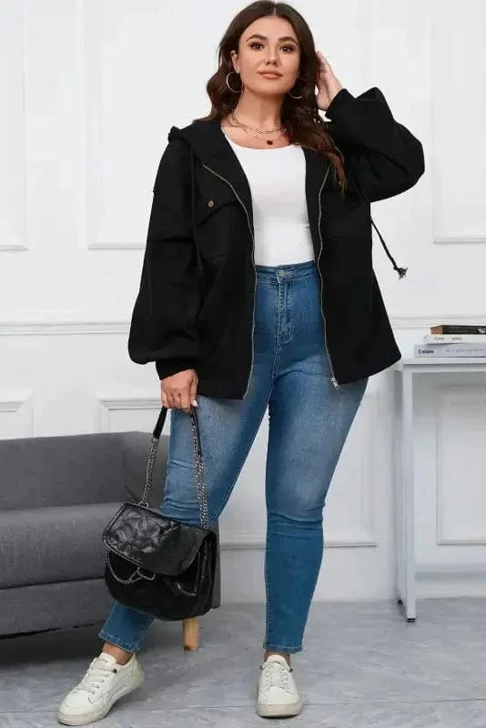 Apricot Flap Pocket Drawstring Hood Zip Up Jacket - Fashionfitz
