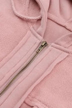 Apricot Flap Pocket Drawstring Hood Zip Up Jacket - Fashionfitz