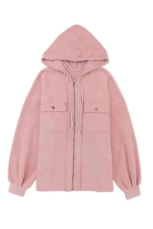 Apricot Flap Pocket Drawstring Hood Zip Up Jacket - Fashionfitz