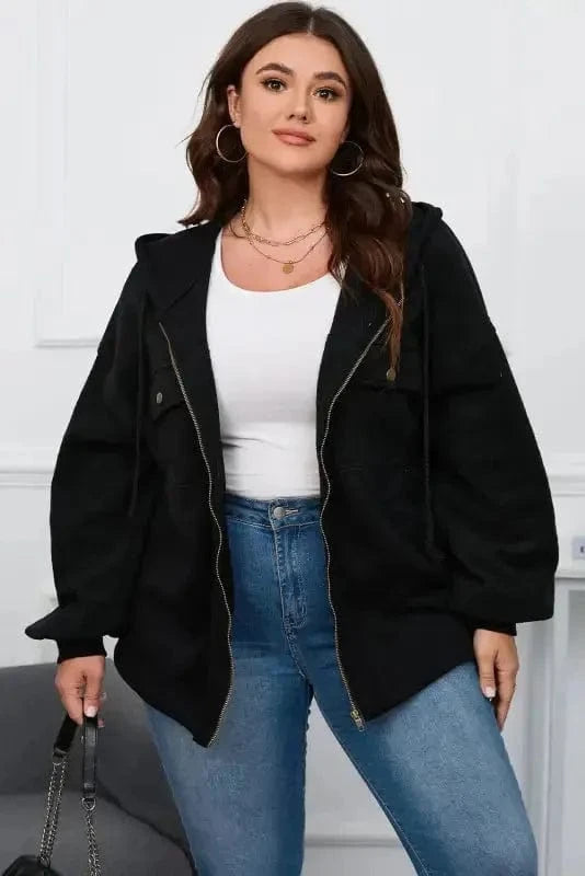 Apricot Flap Pocket Drawstring Hood Zip Up Jacket - Fashionfitz
