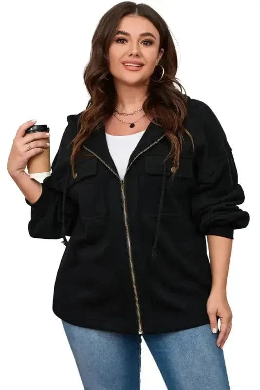 Apricot Flap Pocket Drawstring Hood Zip Up Jacket - Fashionfitz
