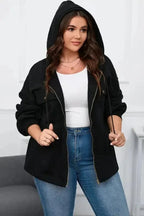 Apricot Flap Pocket Drawstring Hood Zip Up Jacket - Fashionfitz