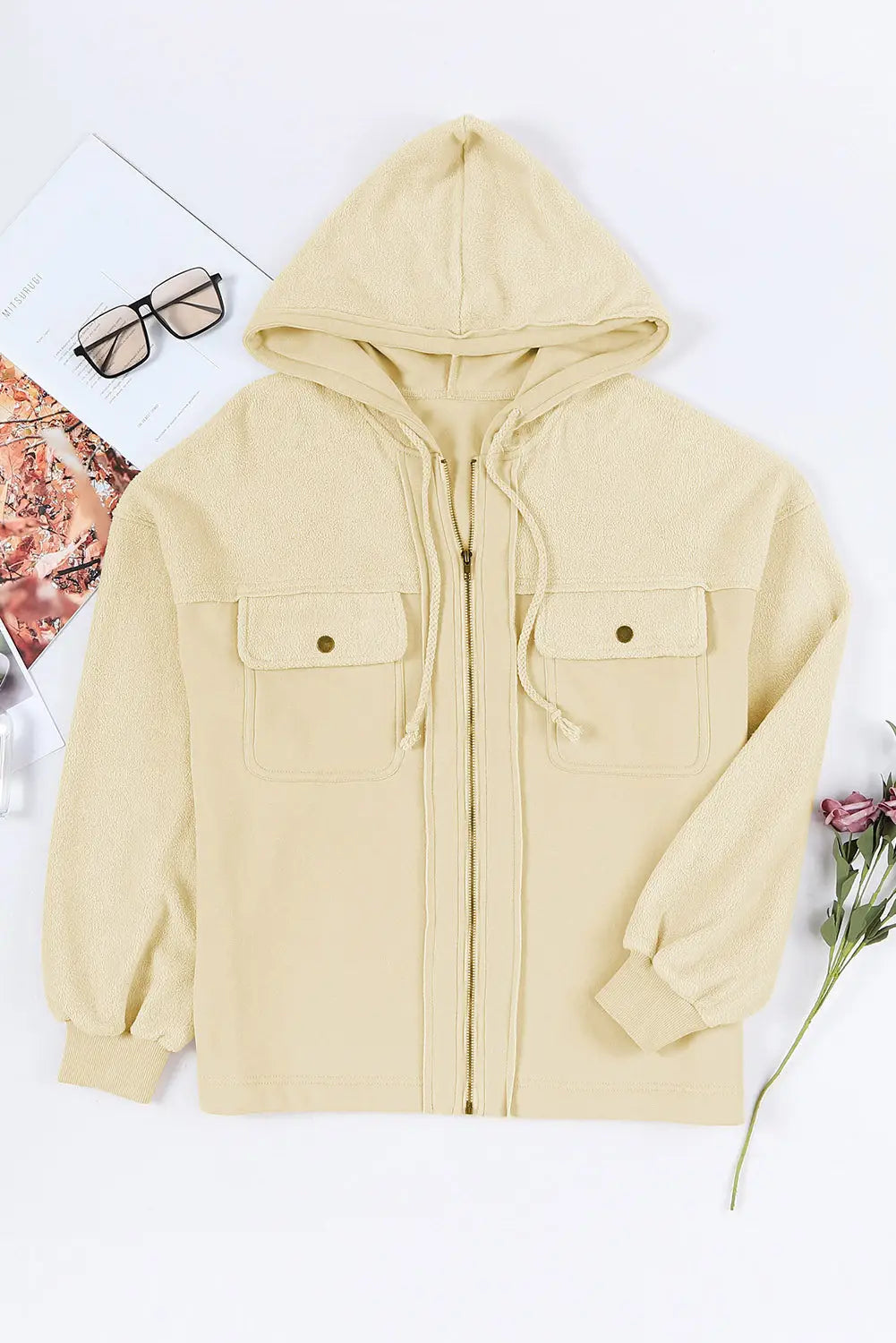 Apricot flap pocket drawstring hood zip up jacket -