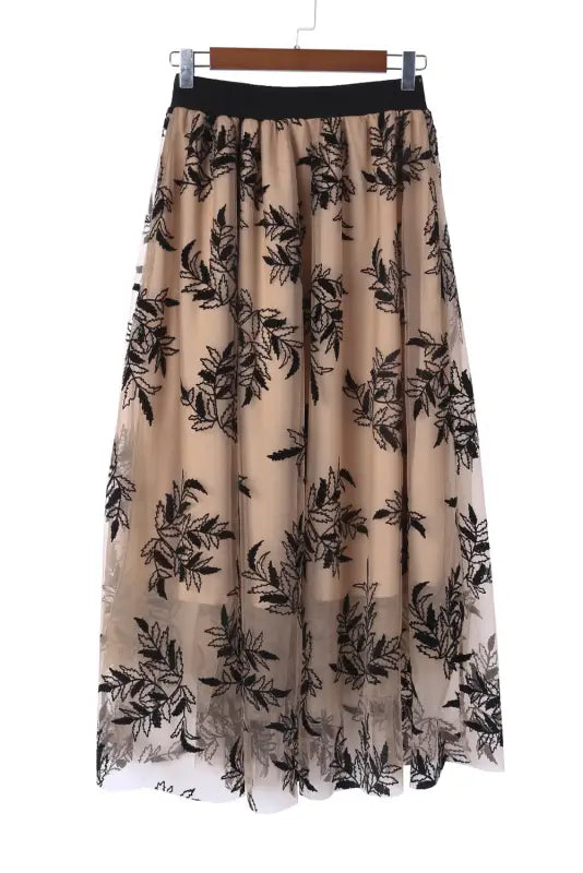 Apricot floral leaves embroidered high waist maxi skirt - skirts