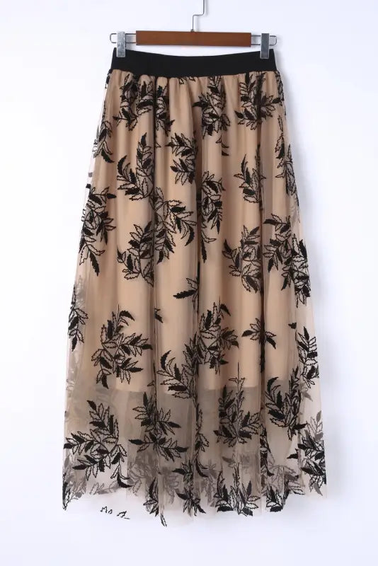 Apricot floral leaves embroidered high waist maxi skirt - skirts