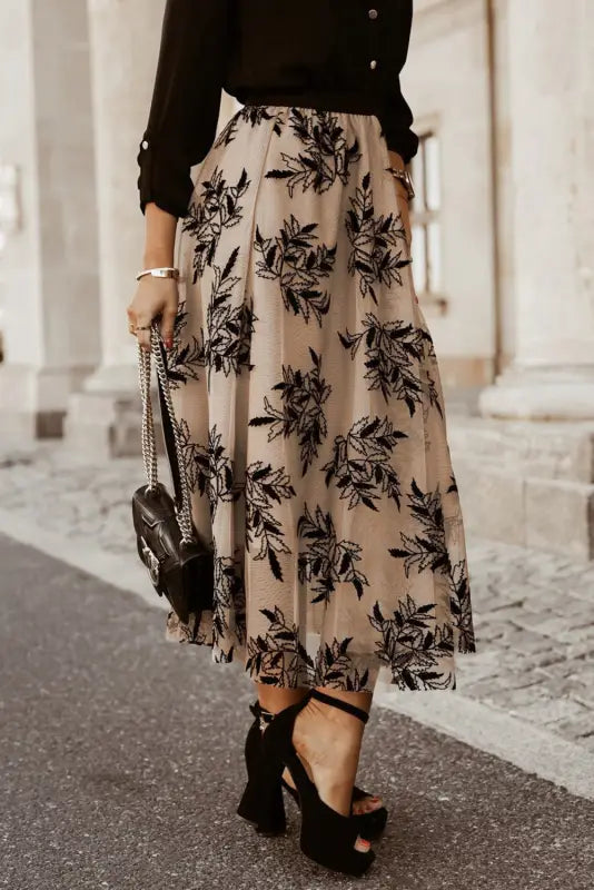 Apricot floral leaves embroidered high waist maxi skirt - skirts