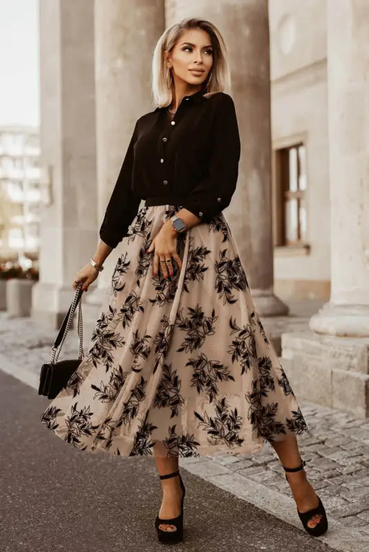 Apricot floral leaves embroidered high waist maxi skirt - skirts