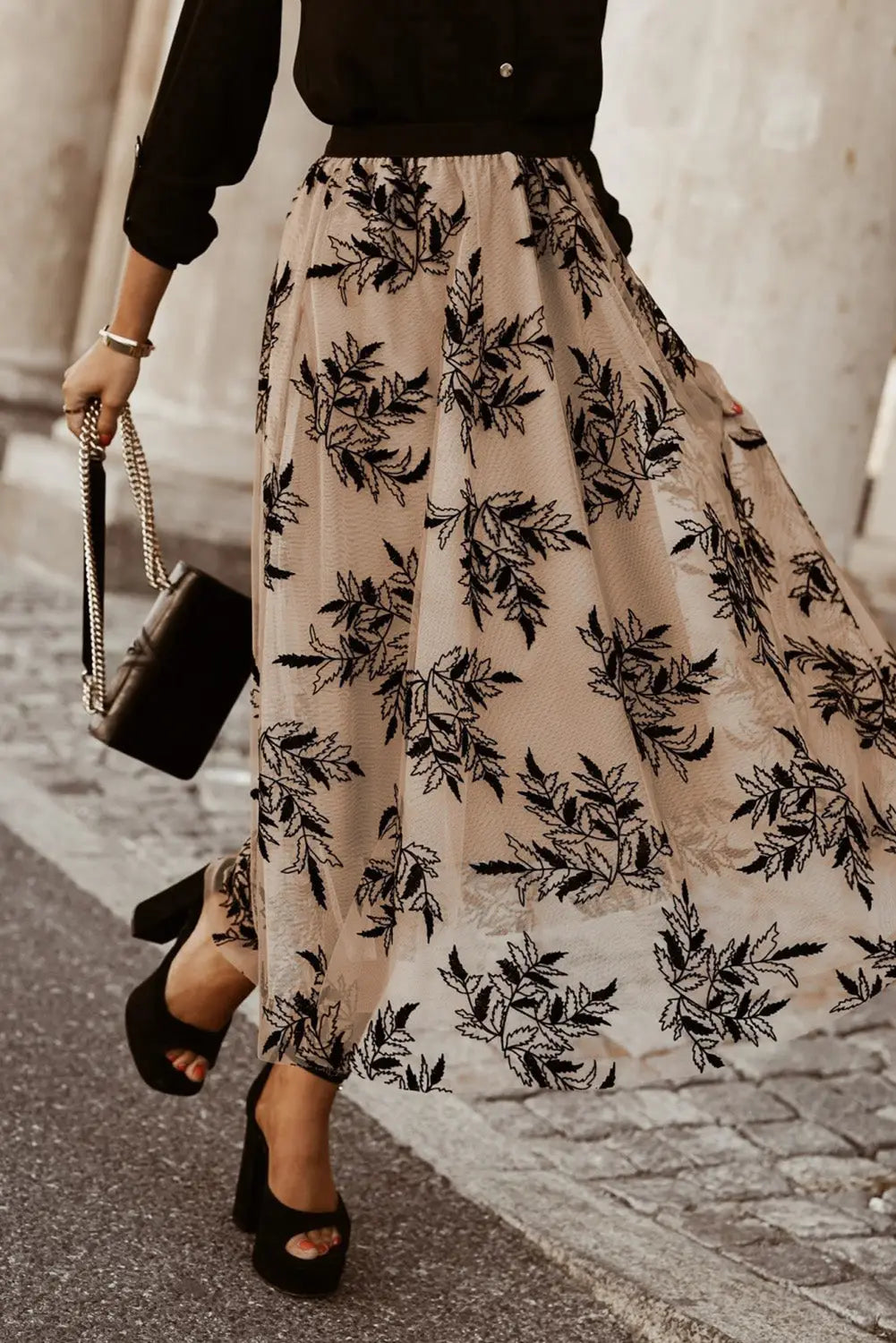 Apricot floral leaves embroidered high waist maxi skirt - skirts