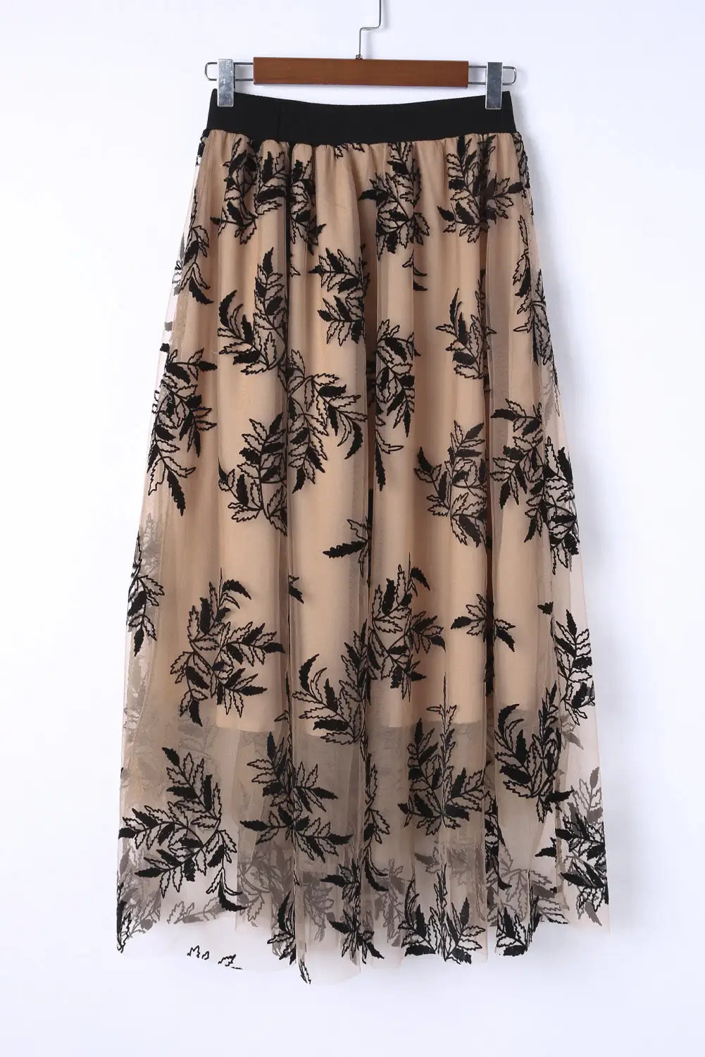 Apricot floral leaves embroidered high waist maxi skirt