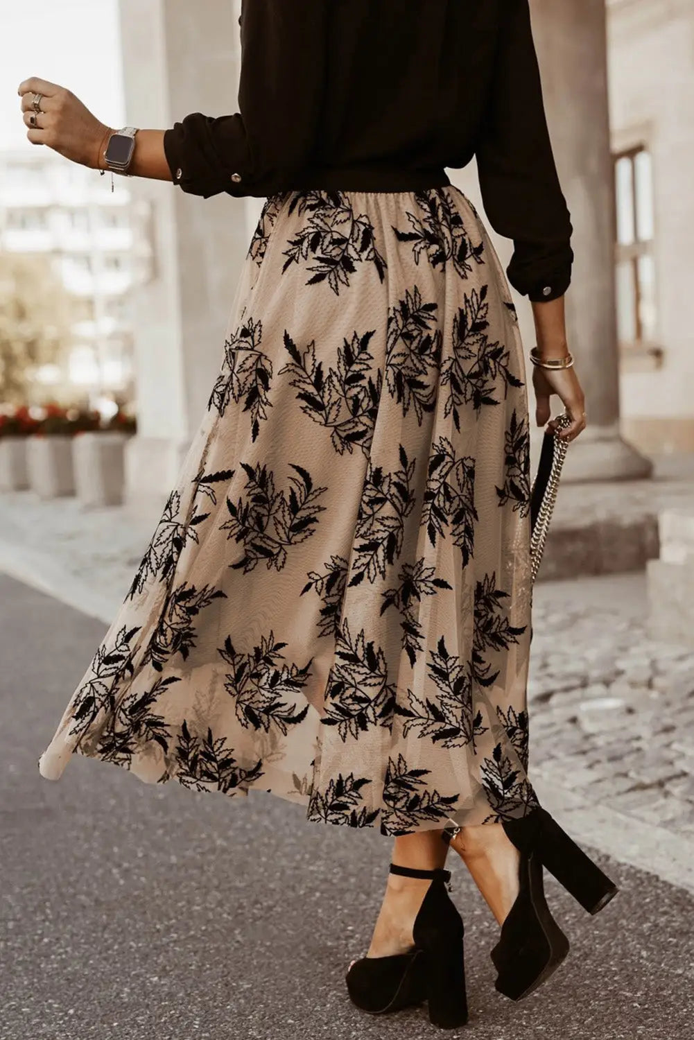 Apricot floral leaves embroidered high waist maxi skirt