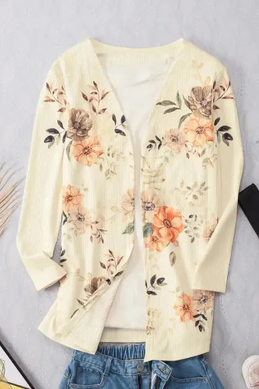 Apricot Floral Ribbed Knit Slim Fit Cardigan - Fashionfitz