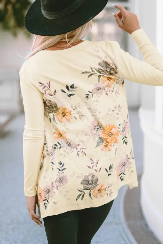 Apricot floral print ribbed knit slim fit cardigan - sweaters & cardigans