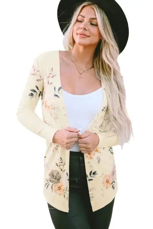 Apricot Floral Ribbed Knit Slim Fit Cardigan - Fashionfitz