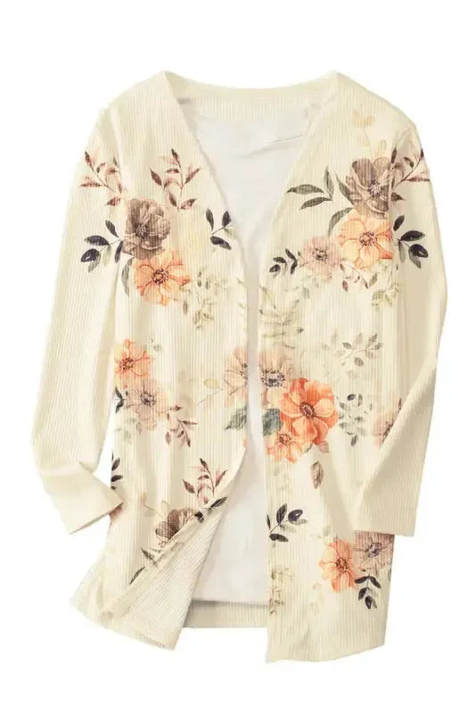 Apricot Floral Ribbed Knit Slim Fit Cardigan - Fashionfitz