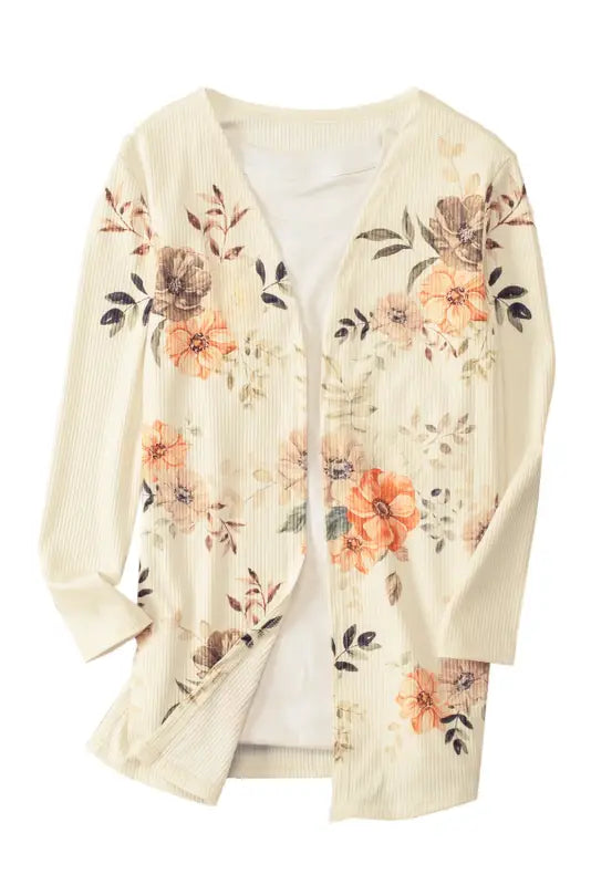 Apricot floral print ribbed knit slim fit cardigan - sweaters & cardigans