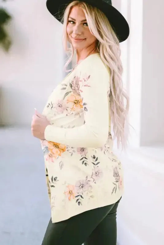 Apricot Floral Ribbed Knit Slim Fit Cardigan - Fashionfitz