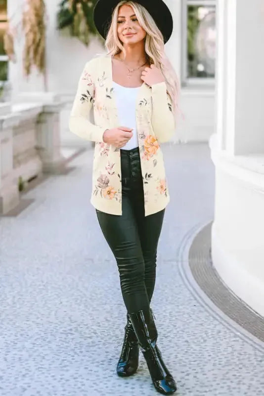 Apricot Floral Ribbed Knit Slim Fit Cardigan - Fashionfitz